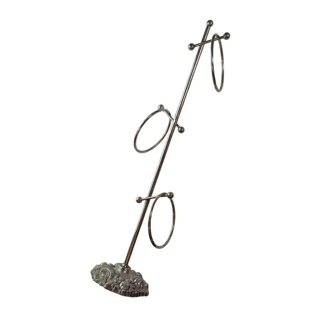 Vintage 3-Ring Small Hand Towel Holder Metal Silver Tone Counter Stand 15.25in